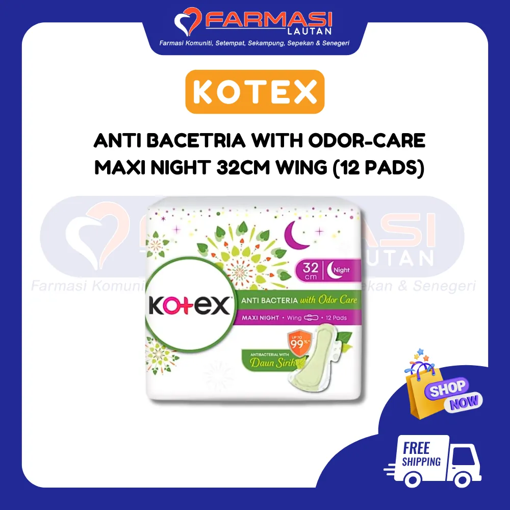 KOTEX ANTI BAKTERIA MAXI NIGHT WING 32 CM DAUN SIRIH 12 PADS
