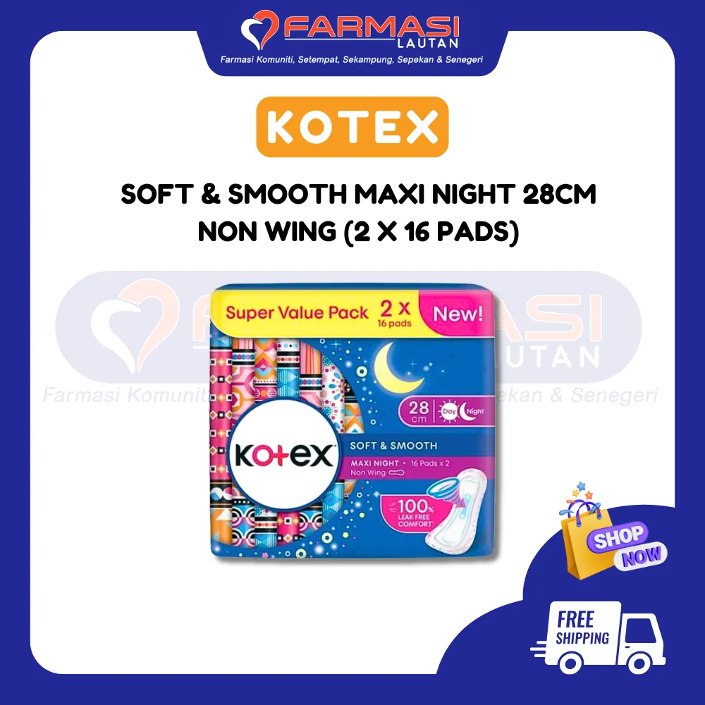 KOTEX SOFT & SMOOTH OVERNIGHT 28 CM NON WING 16 PADS X 2