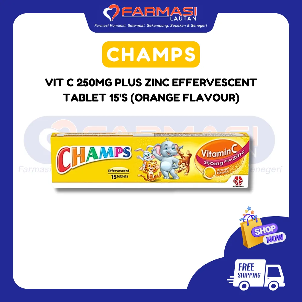CHAMPS VIT C 250MG PLUS ZINC ORANGE FLAVOUR EFFERVESCEN 15 TABS