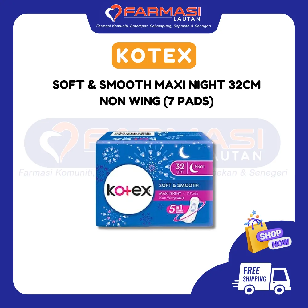 KOTEX SOFT & SMOOTH OVERNIGHT 32 CM NON WING 7 PADS