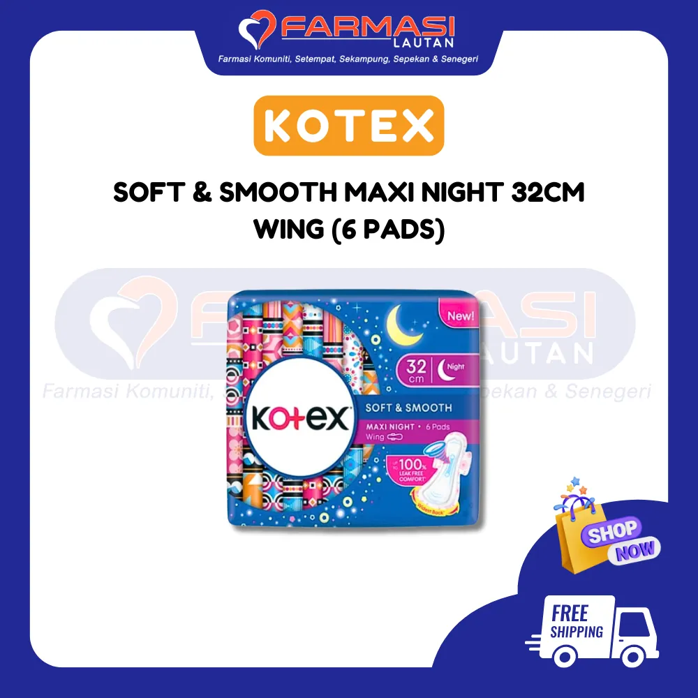 KOTEX SOFT & SMOOTH OVERNIGHT 32 CM WING 6 PADS
