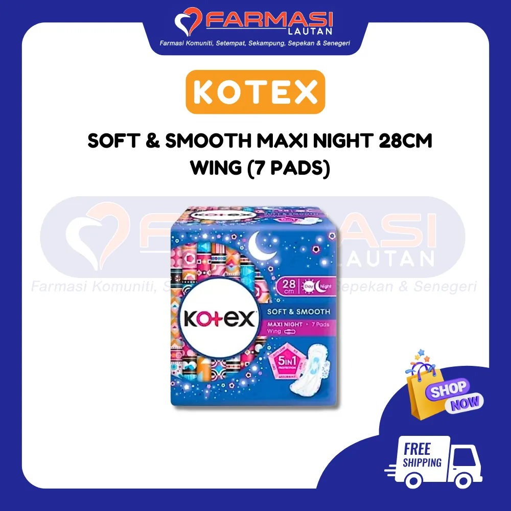 KOTEX SOFT & SMOOTH OVERNIGHT 28 CM WING 8 PADS/7PADS