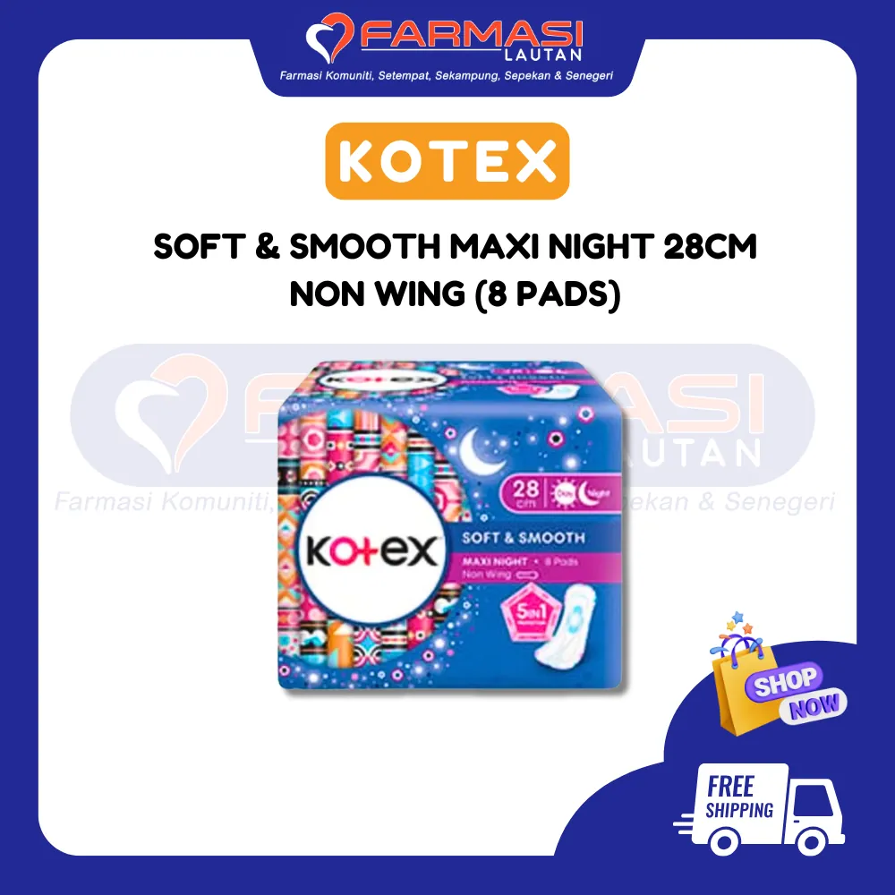 KOTEX SOFT & SMOOTH OVERNIGHT 28 CM NON WING 8 PADS