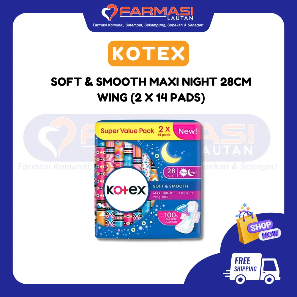 KOTEX SOFT & SMOOTH MAXI NIGHT WING 28 CM 2 X 14 PADS