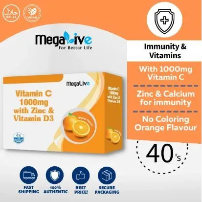 MEGALIVE VIT C 1000 MG WITH ZINC & VIT D3 ORANGE 40 EFFTABS