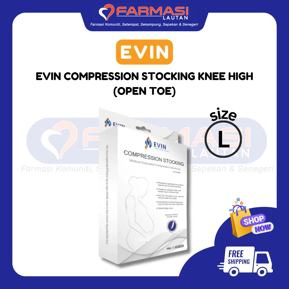 EVIN COMPRESSION STOCKING KNEE HIGH SAIZ L (TERBUKA)