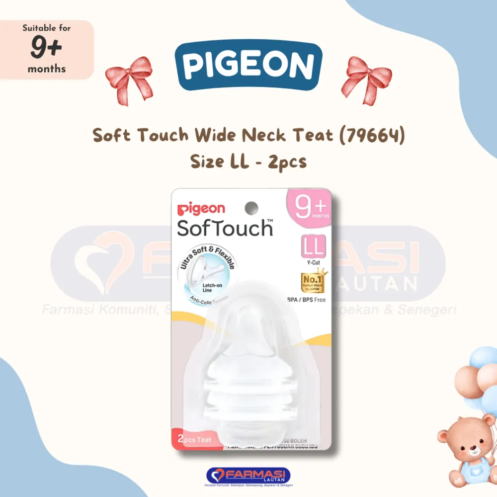 PIGEON 79664 SOFTOUCH WIDE NECK TEAT LL Y-CUT 9+ MONTHS 2 PCS