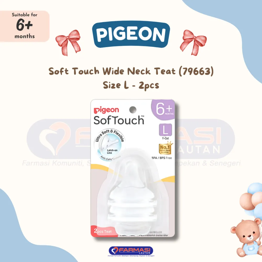 PIGEON 79663 SOFTOUCH WIDE NECK TEAT L Y-CUT 6+ MONTHS 2 PCS