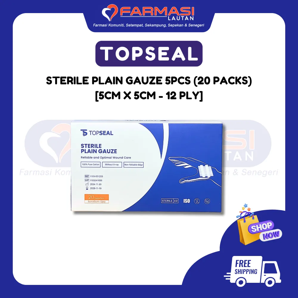 TOPSEAL STERILE PLAIN GAUZE 12 PLY 5 CM X 5 CM 20 PCKT (5 PCS)