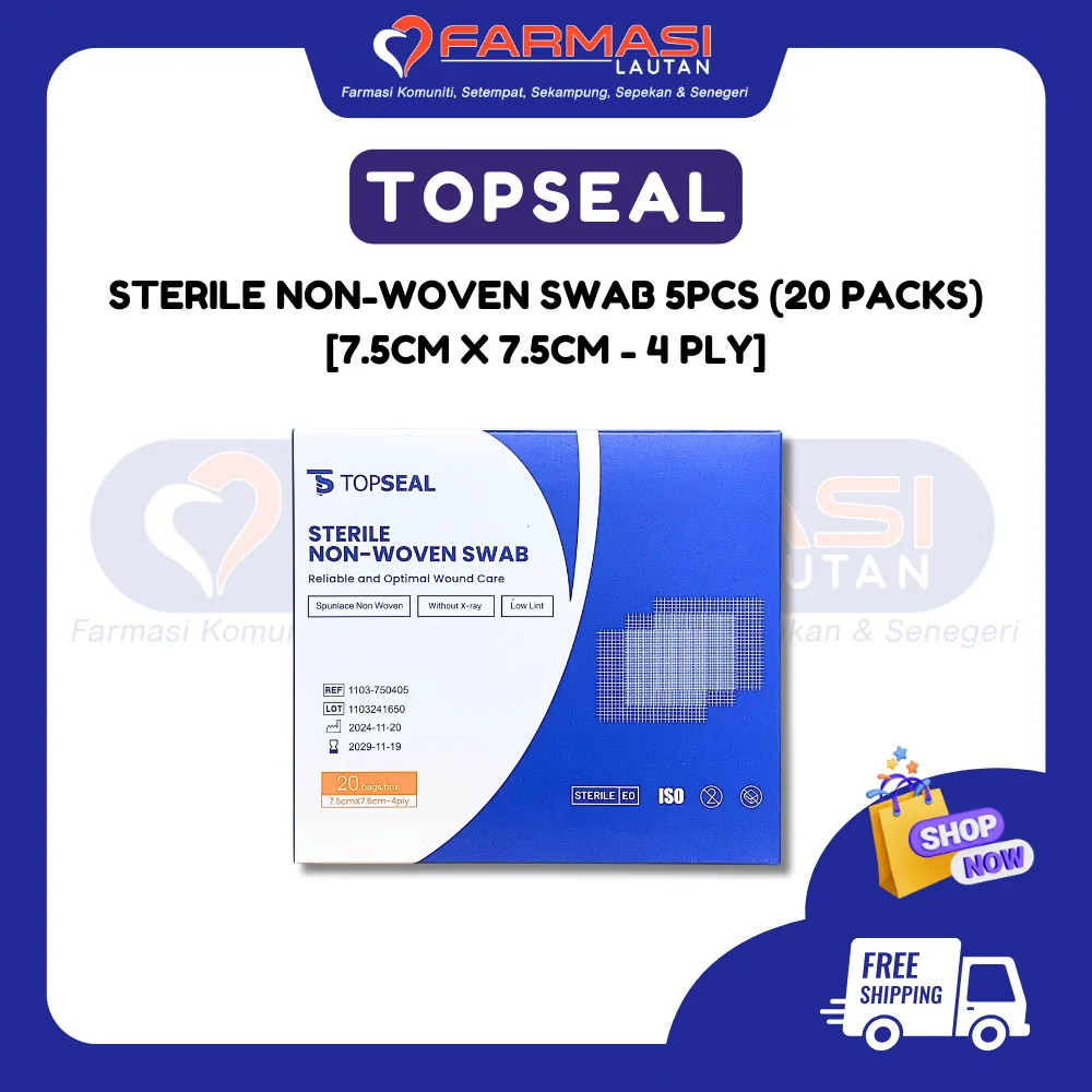 TOPSEAL STERILE NON WOVEN SWAB 4 PLY 7.5 CM X 7.5 CM 20 PCKTS (5 PCS)